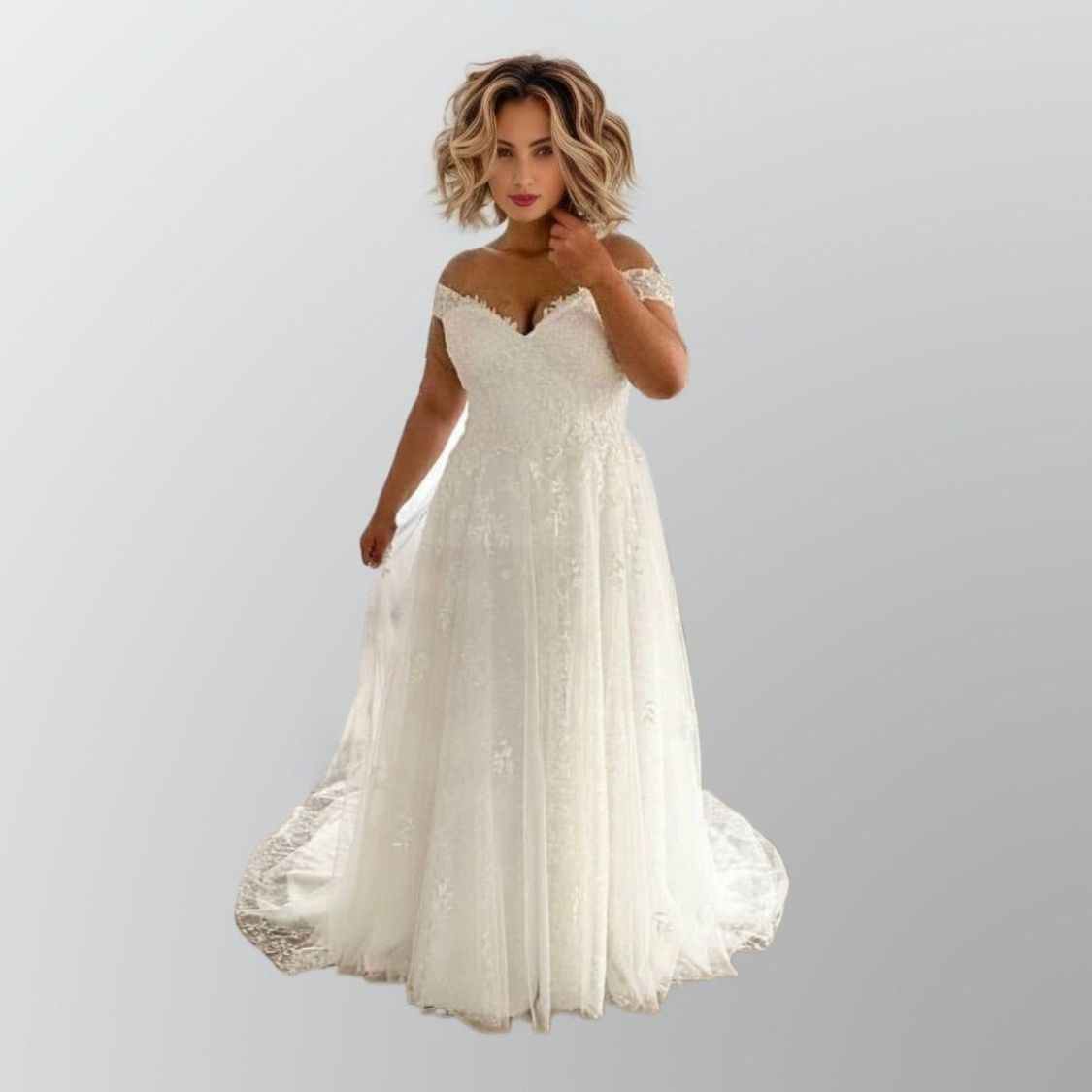 Bride wearing fully laced MOLLY Wedding Dress with off-the-shoulder cap sleeves