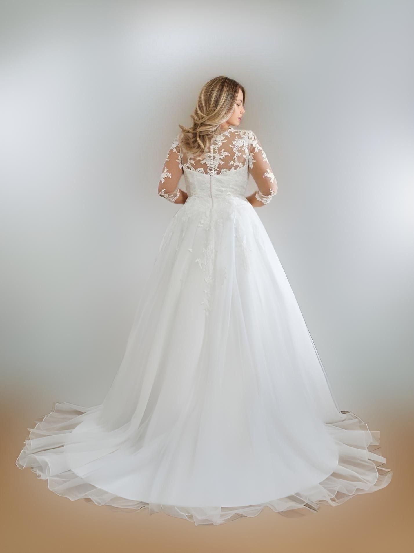 Full back view of MORGAN Wedding Dress highlighting A-line silhouette and train
