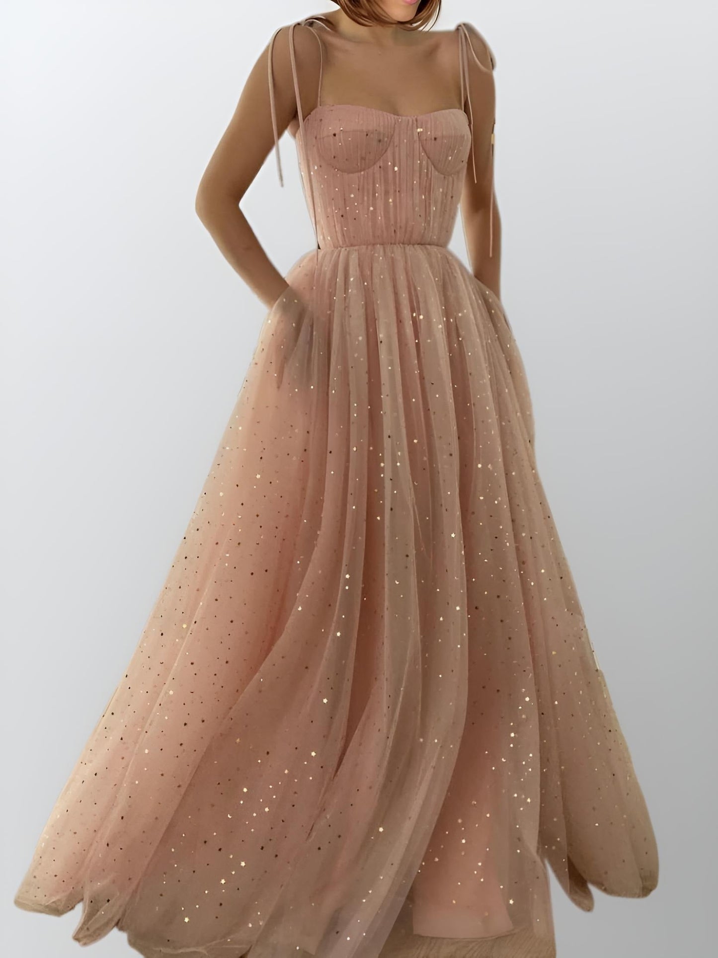 Woman wearing MYLEE Formal Dress in baby pink starry tulle