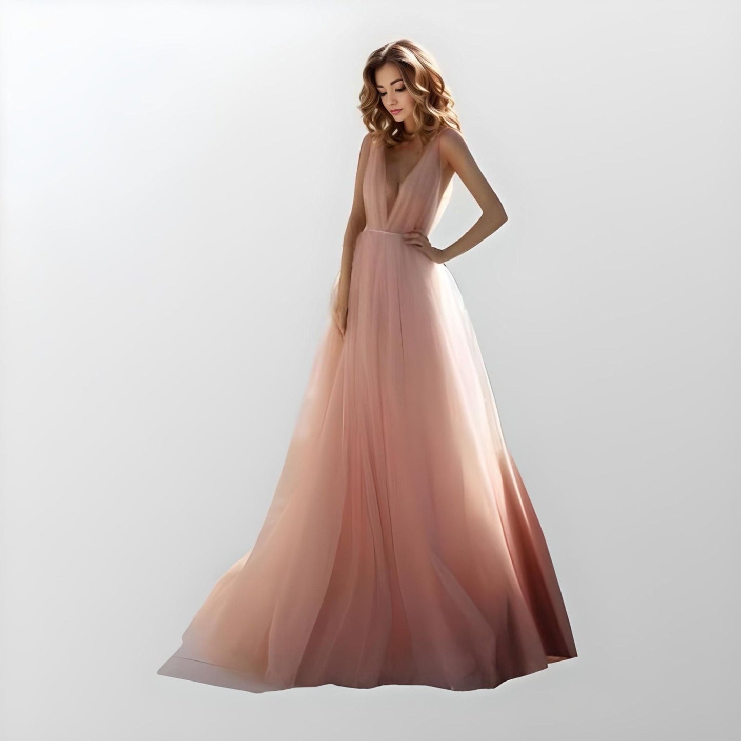 Woman wearing blush pink NANCY Formal Dress with deep V-neck