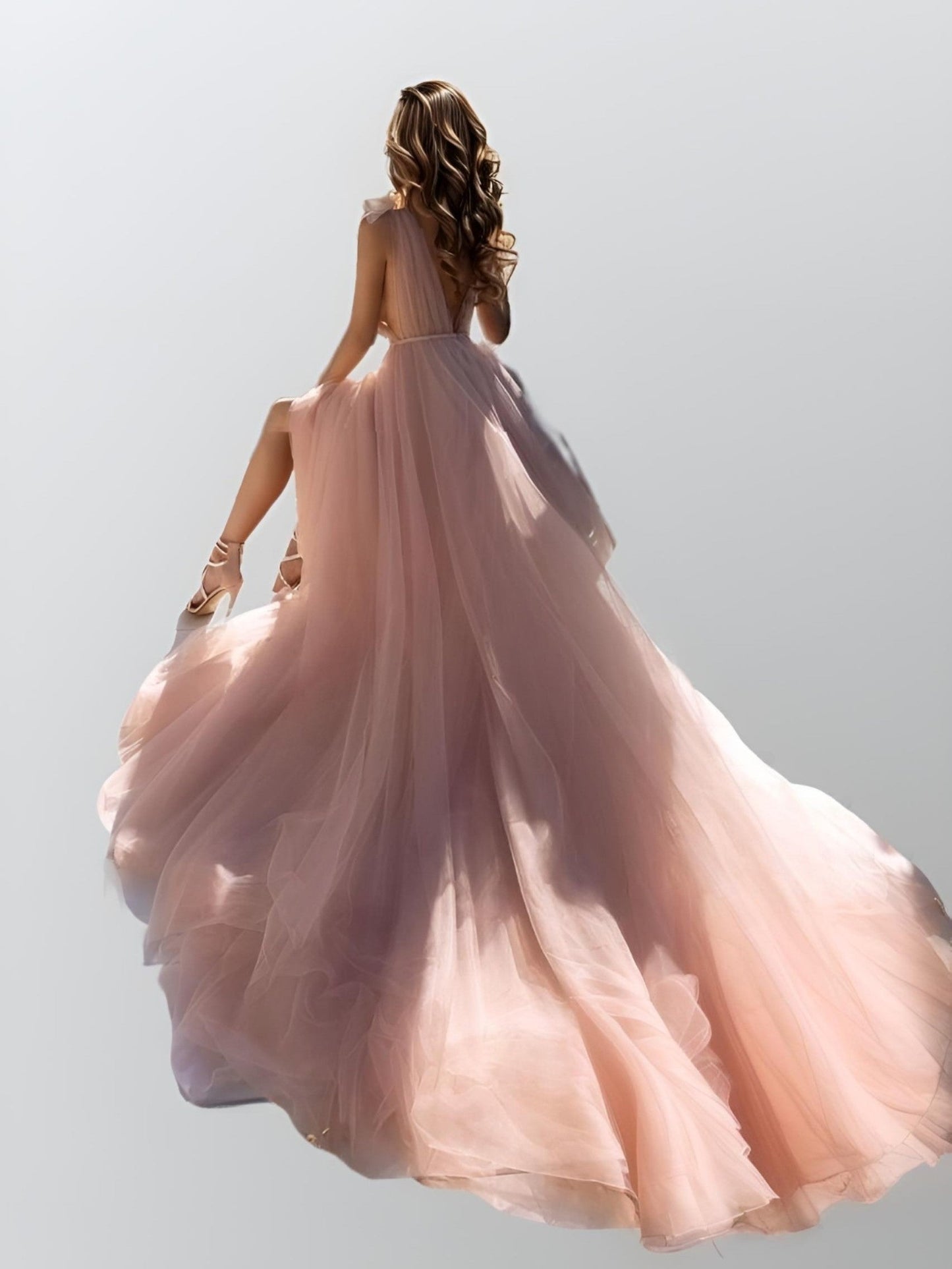 Back view of NANCY Formal Dress showcasing backless design and long chapel train