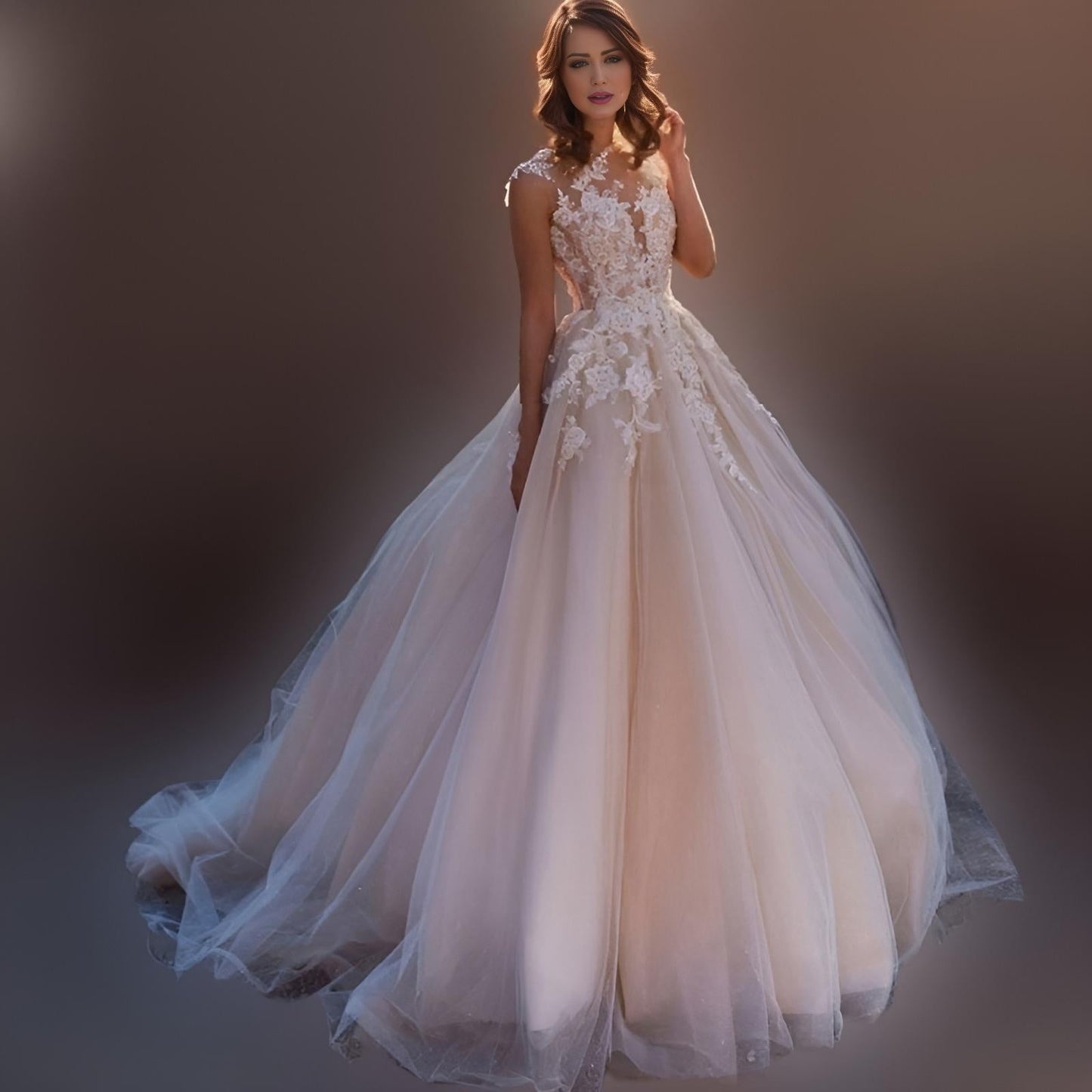 Bride wearing NICOLA Wedding Dress with asymmetrical lace bodice.