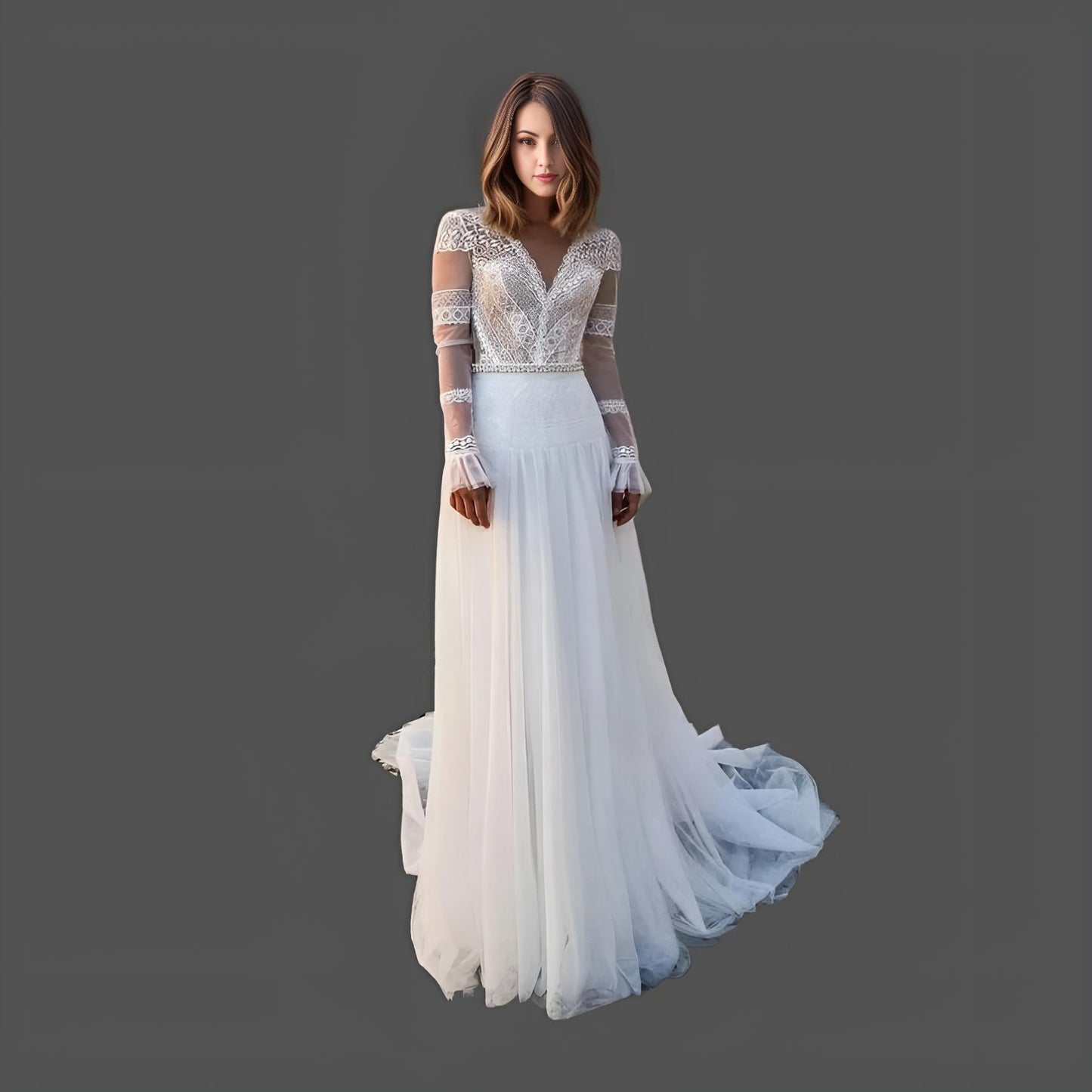 Bride wearing NORAH Wedding Dress with lace bodice and long lace sleeves