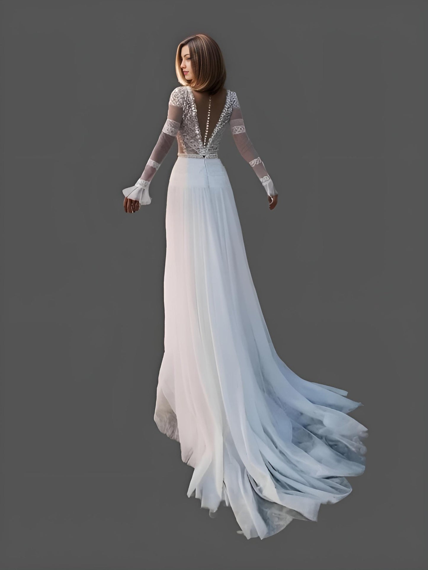 Back view of NORAH Wedding Dress showcasing deep V illusion back and buttons.