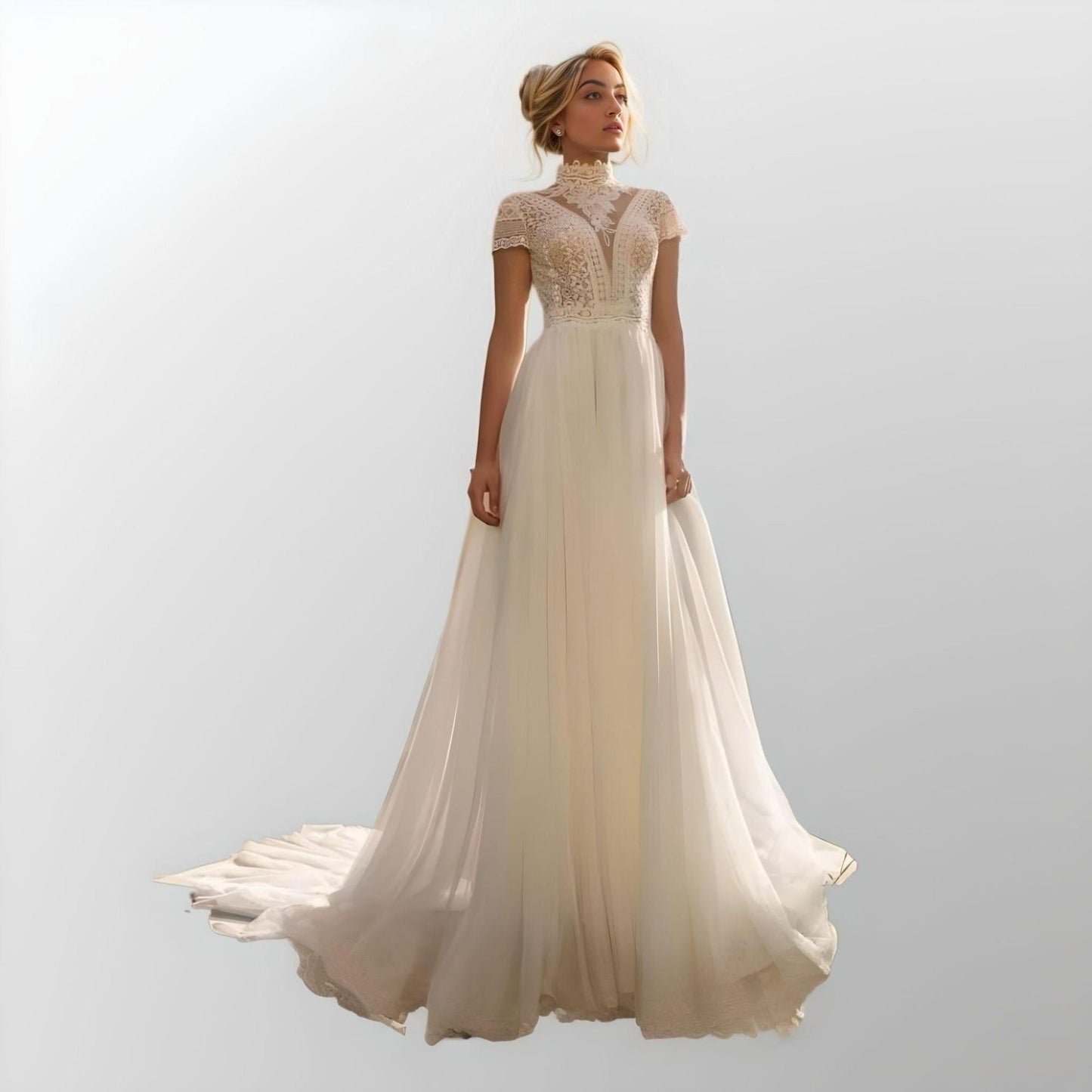 Bride wearing NOVA Wedding Dress with lace choker and deep V illusion neckline.