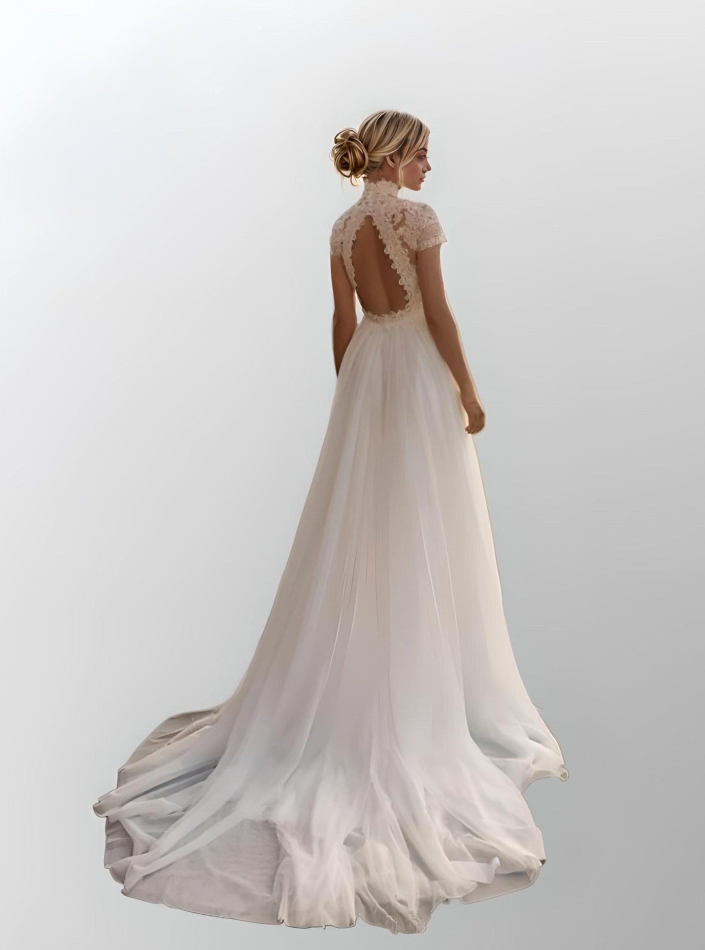 Back view of NOVA Wedding Dress showcasing open-back design and sweep train.