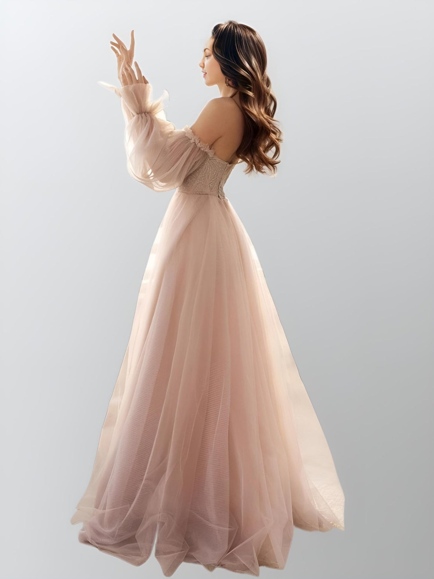 Side view of dusty pink OLIVIA dress with flowing A-line silhouette