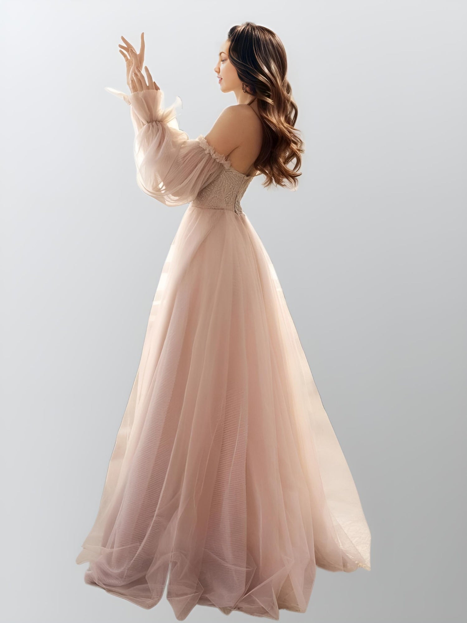 Side view of dusty pink OLIVIA dress with flowing A-line silhouette