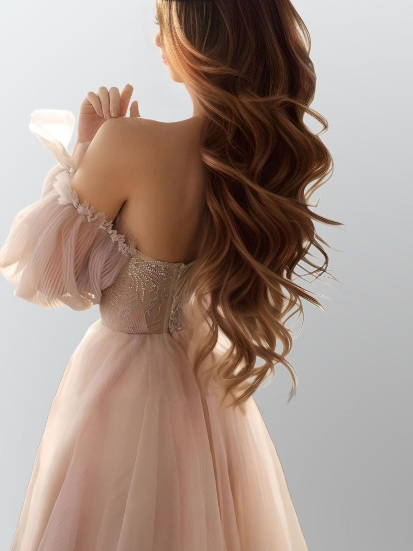 Detailed back view of dusty pink formal dress - OLIVIA dress’s sweetheart bodice and lace design