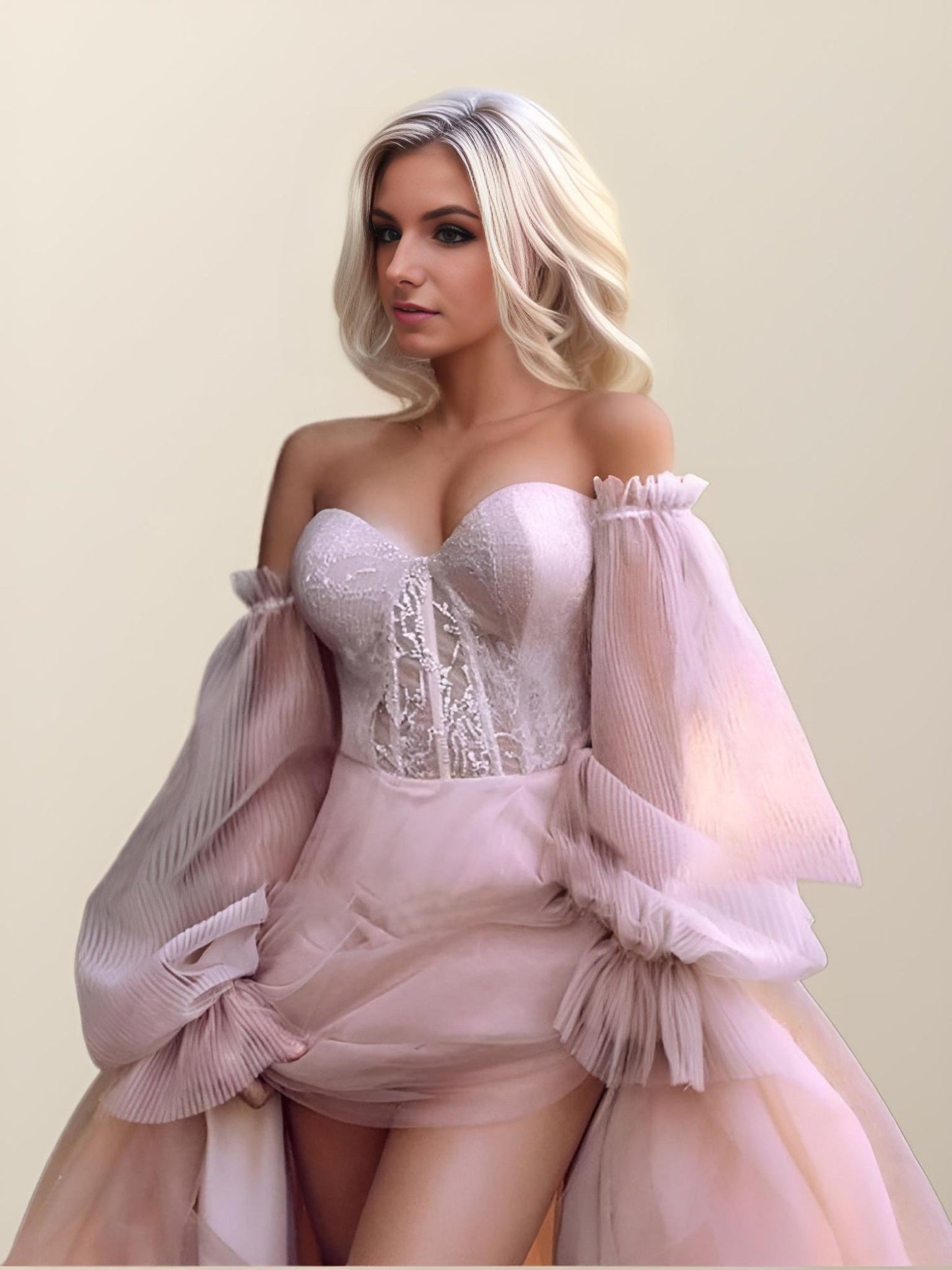 Close-up of OLIVIA dress’s subtle dot lace bodice and puffy sleeves