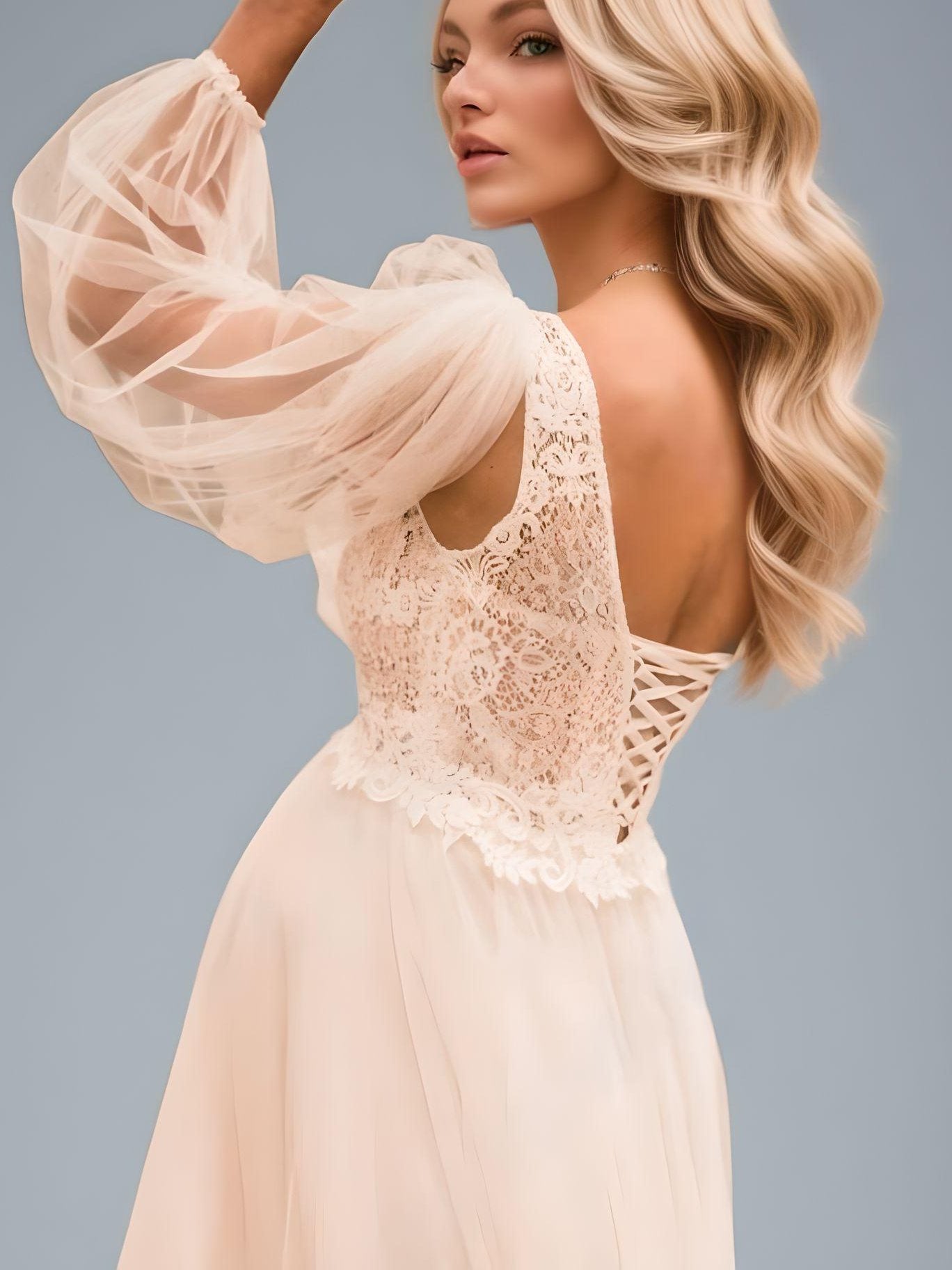 Detail View of Detachable Long Puff Sleeve on Pregnant Bride's Wedding Dress