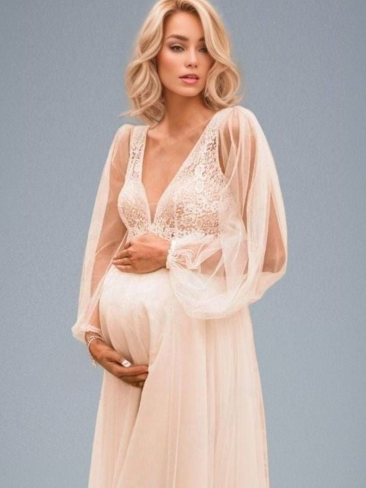 Front View of Expectant Mother in Ophelia Maternity Wedding Gown holding her Baby Bump