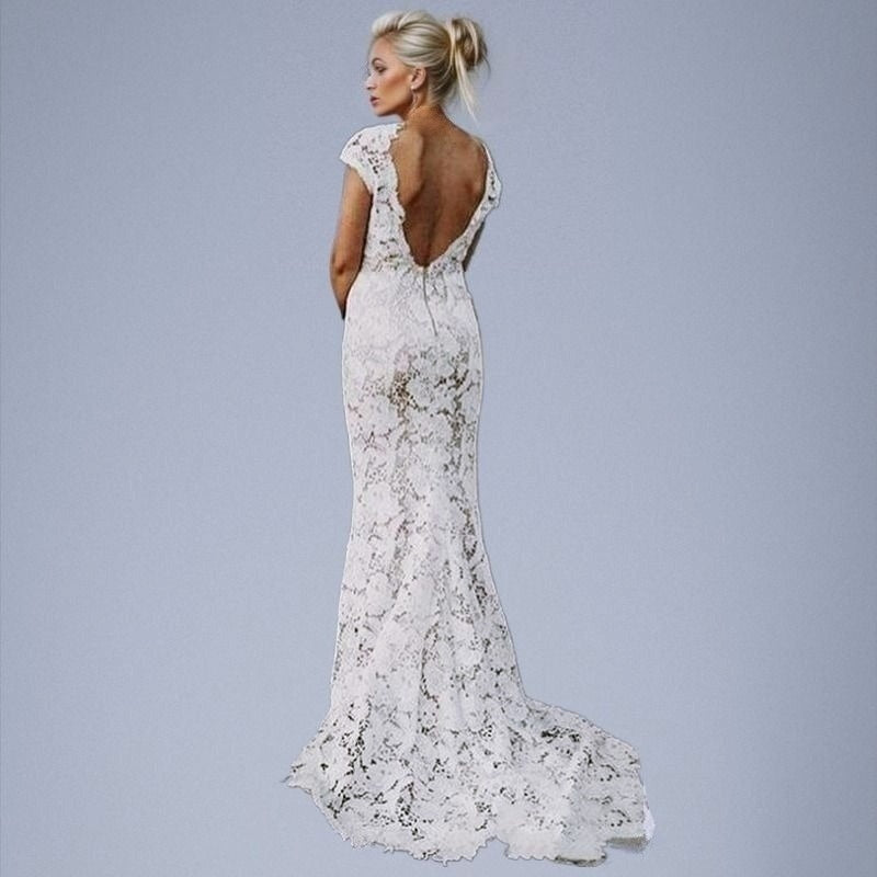 Back view of PARIS mermaid wedding gown with lace details and open back