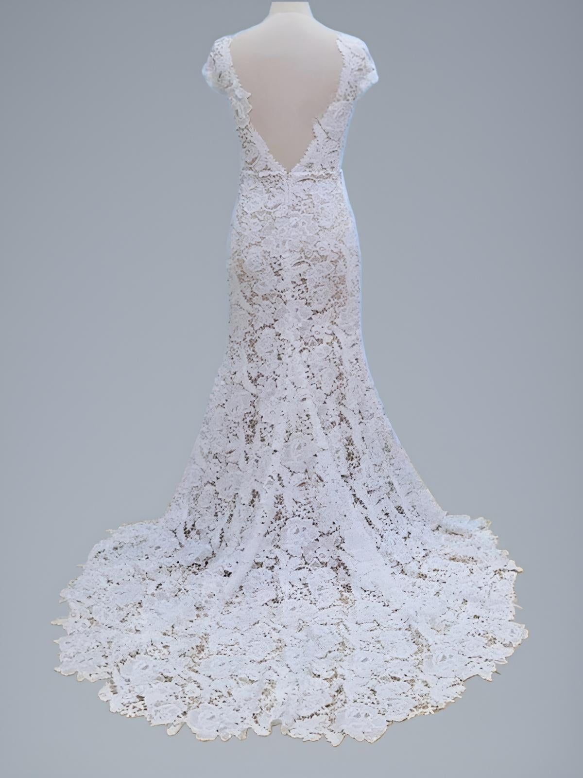 Back view of PARIS mermaid wedding gown with lace details.