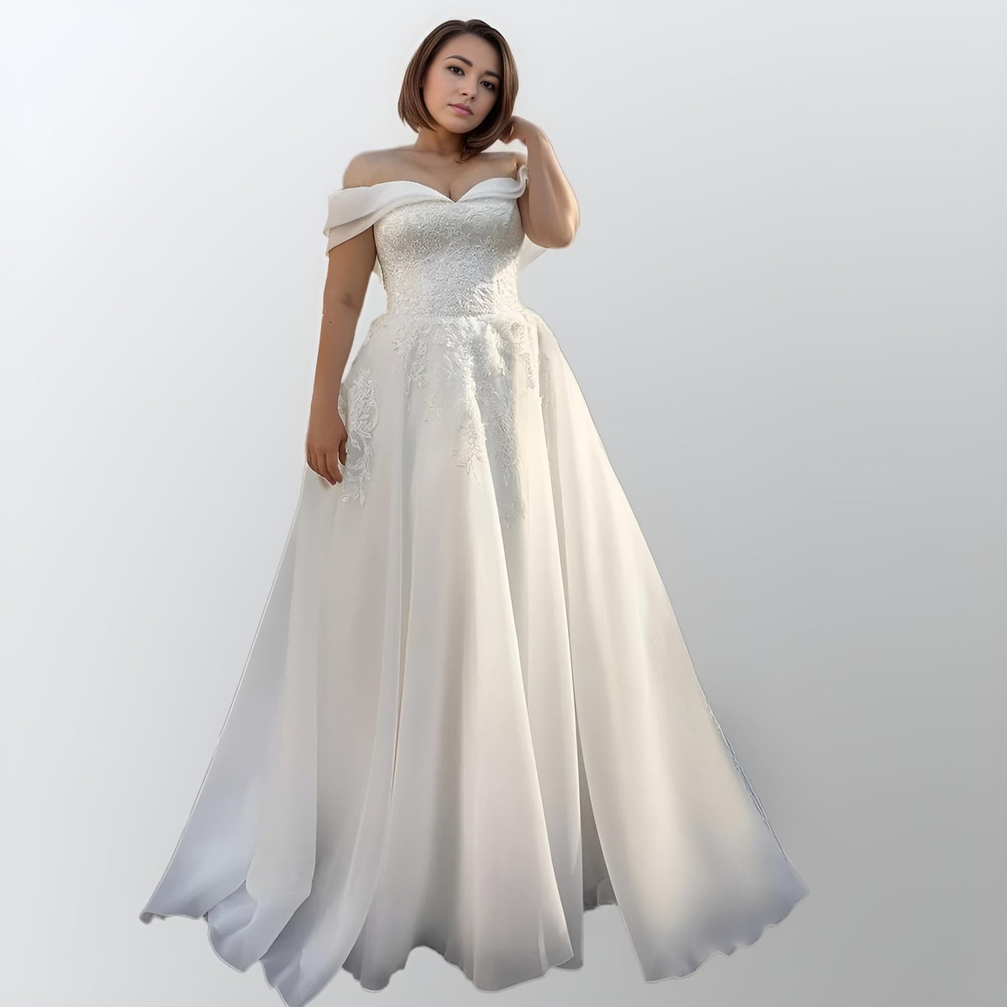 Full-length view of bride wearing PEARL Wedding Dress with floor-length organza skirt