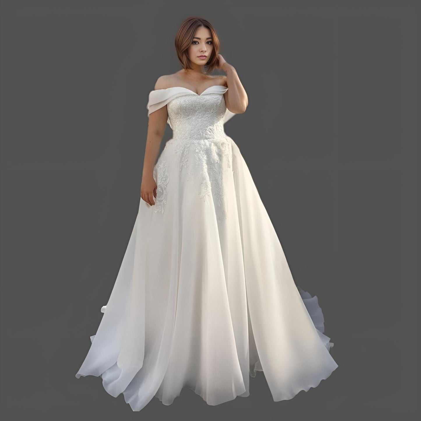 Bride in PEARL Wedding Dress showcasing off-the-shoulder sleeves and lace appliques