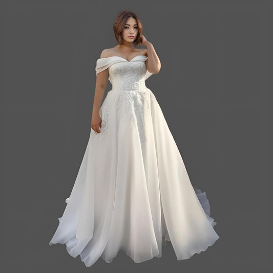 Bride in PEARL Wedding Dress showcasing off-the-shoulder sleeves and lace appliques