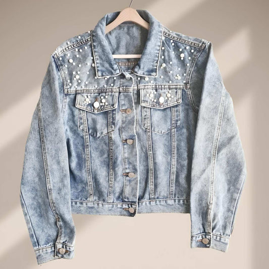 Close-up of pearl embellishments on Mother of the Bride Denim Jacket