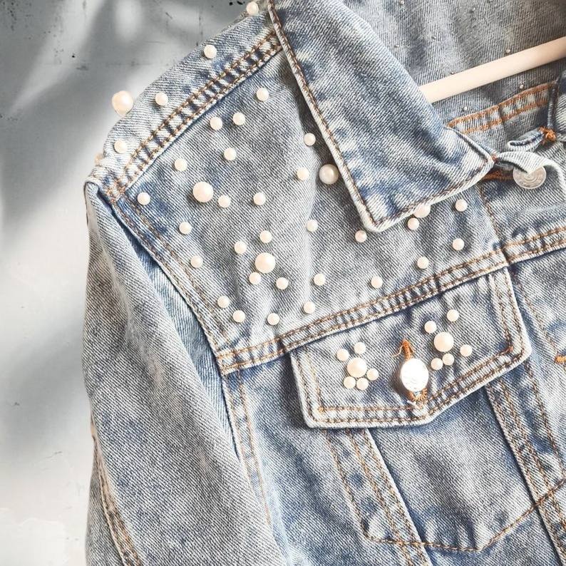 Close-up of pearl embellishments on Mother of the Bride Denim Jacket