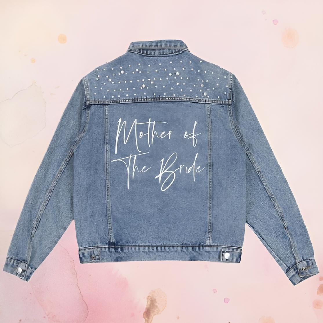 Back view of Mother of the Bride Denim Jacket with custom pearl details