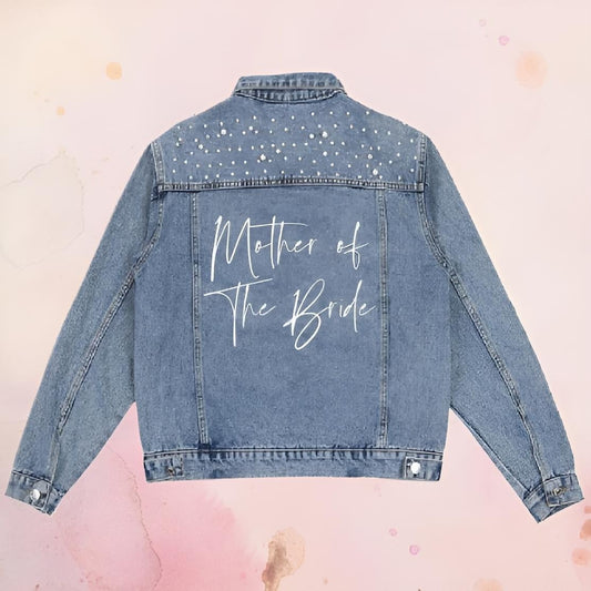 Back view of Mother of the Bride Denim Jacket with custom pearl details
