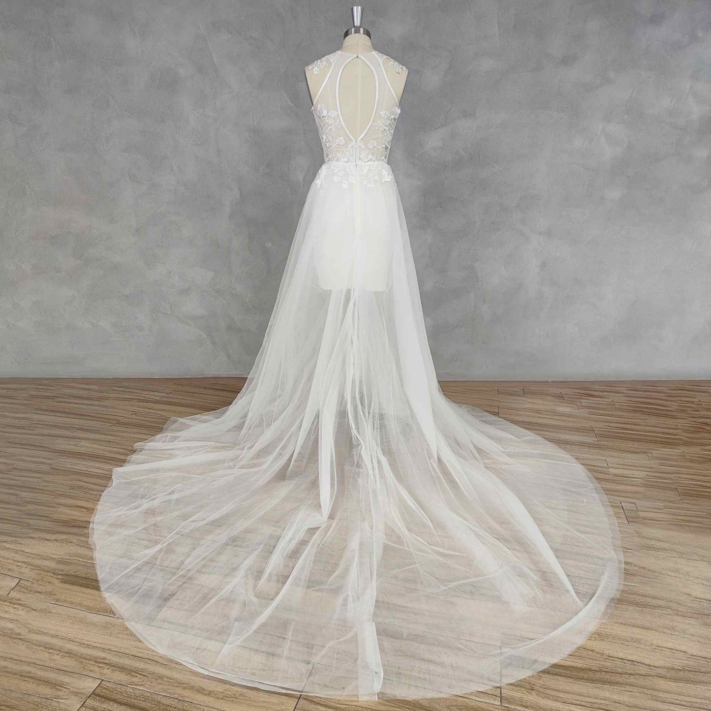 PEYTON Short Weding Dress from back with overskirt.