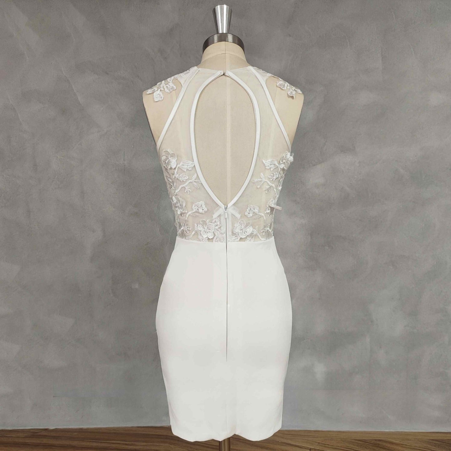 Back view of PEYTON short elopement dress with intricate lace appliques and open back