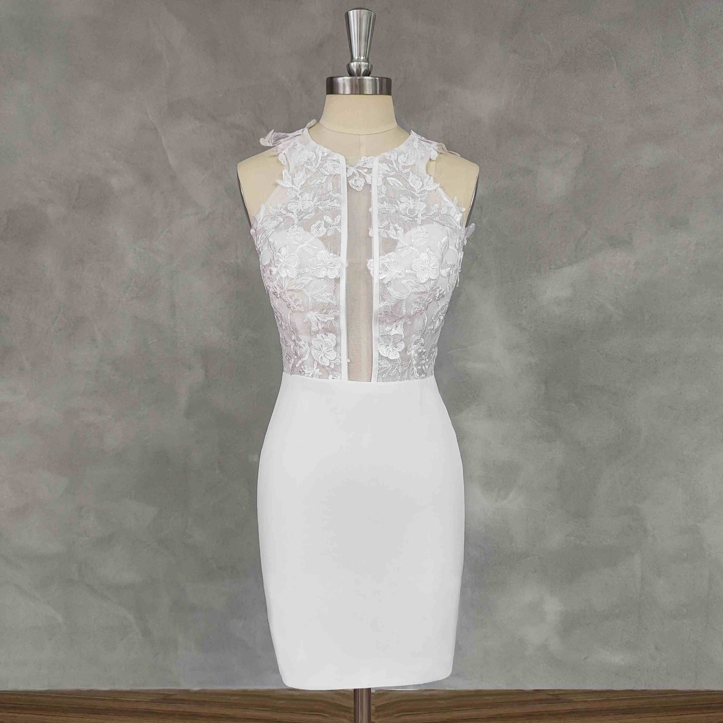 PEYTON short wedding dress with lace appliques on bodice, shown on figurine.