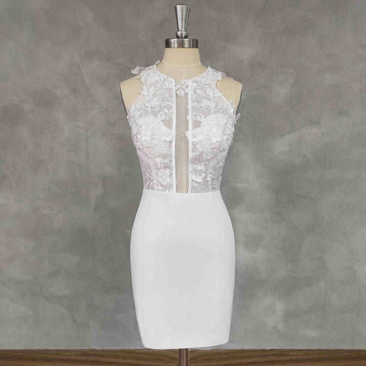 PEYTON short wedding dress with lace appliques on bodice, shown on figurine.