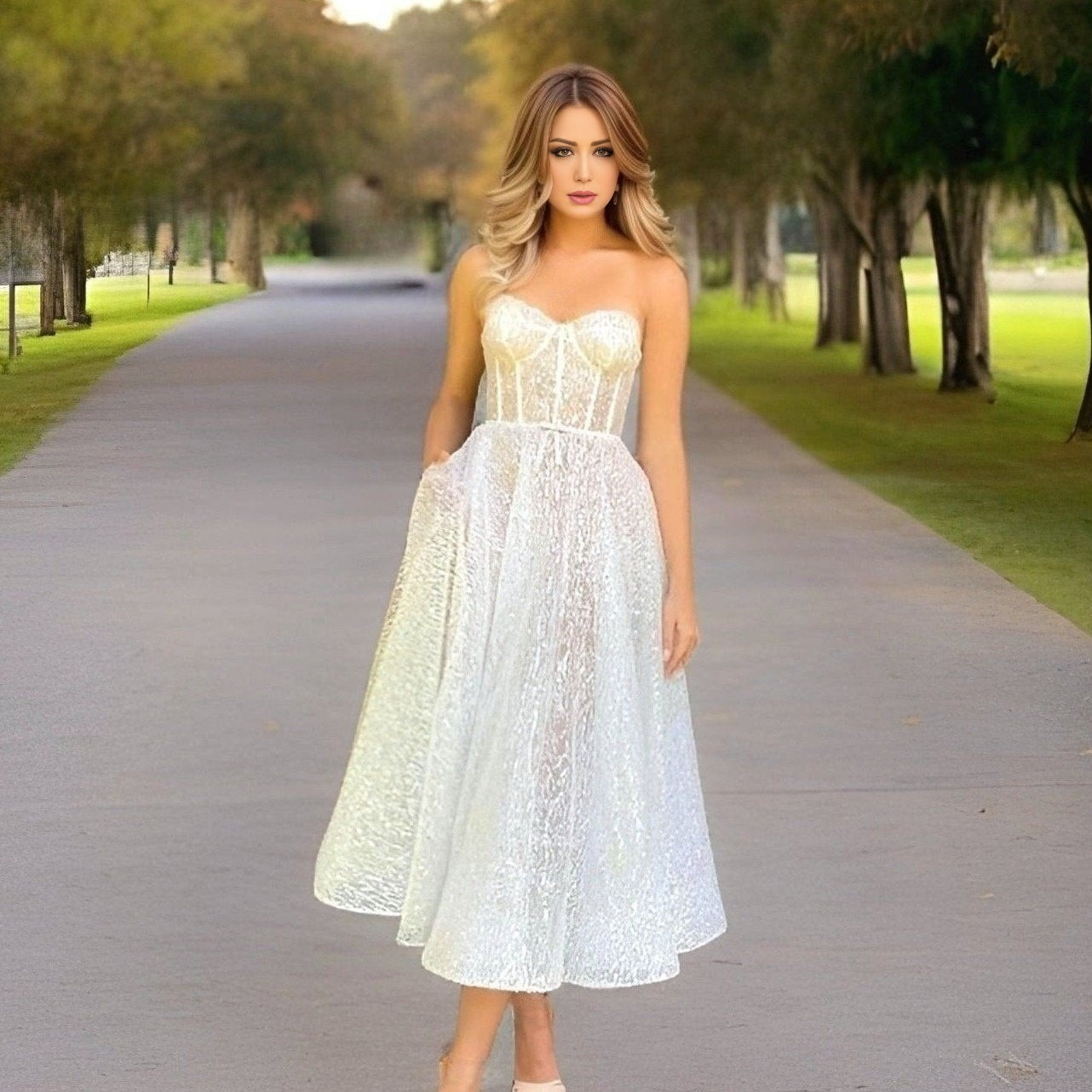 Model wearing PIPER formal dress with sweetheart neckline and glitter sequins