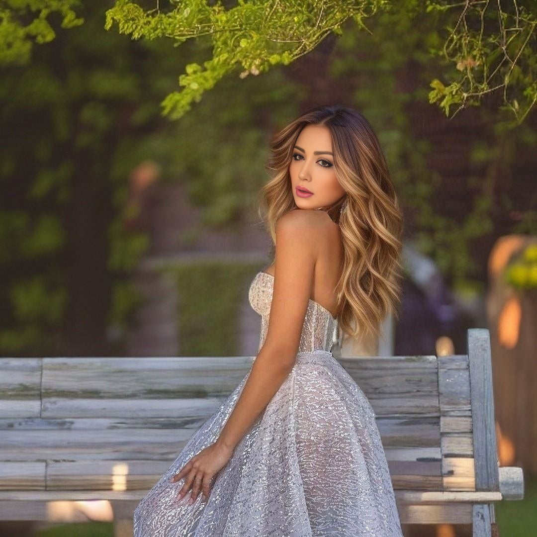 Side view of PIPER formal dress with shimmering sequin details