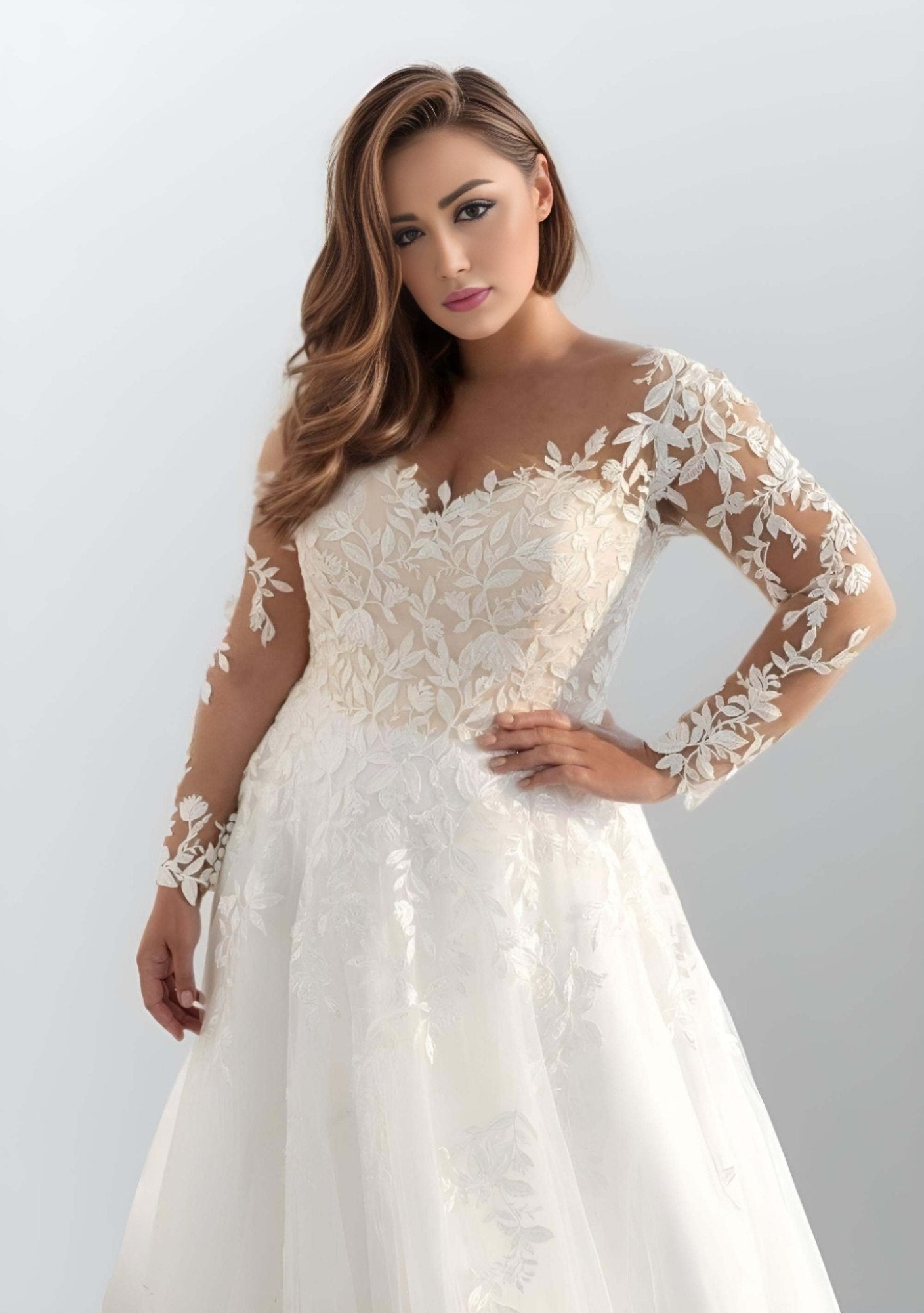 Close-up of PIPPA wedding dress showcasing lace appliques on tulle fabric