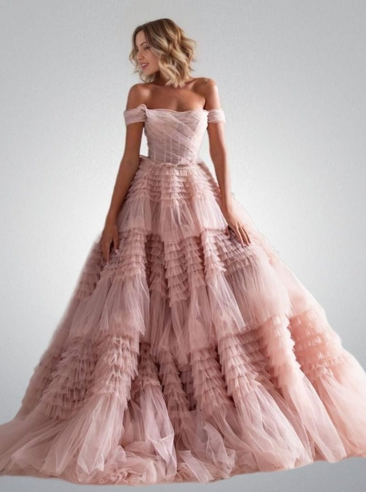 Full view of POLLY formal dress with off-shoulder style and tiered skirt