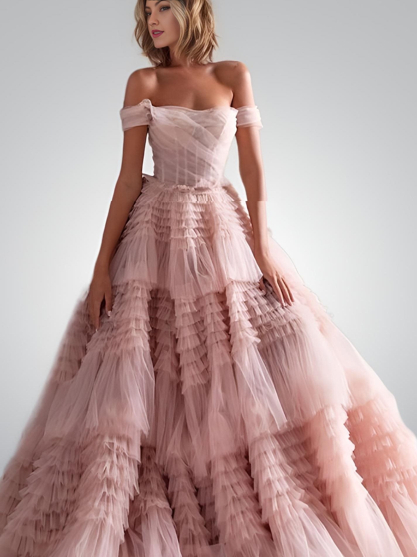 Close-up of POLLY formal dress showcasing crumpled tulle fabric and tiered A-line silhouette