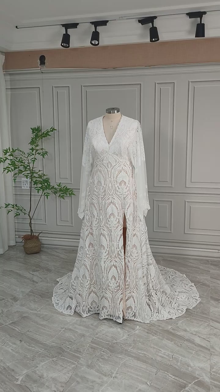 Video showcasing full lace bohemian maternity dress on a tailor mannequin