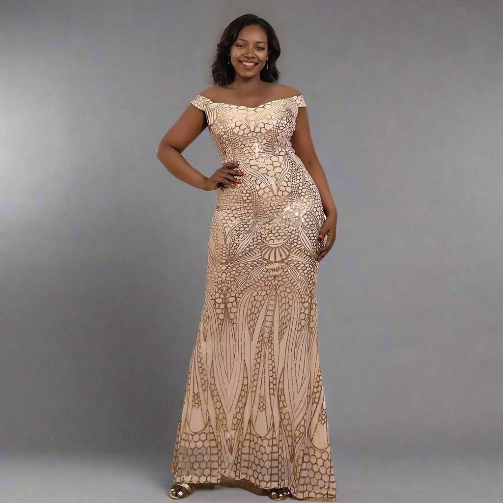 Woman wearing RYLEE formal dress, showing sequined mermaid silhouette.