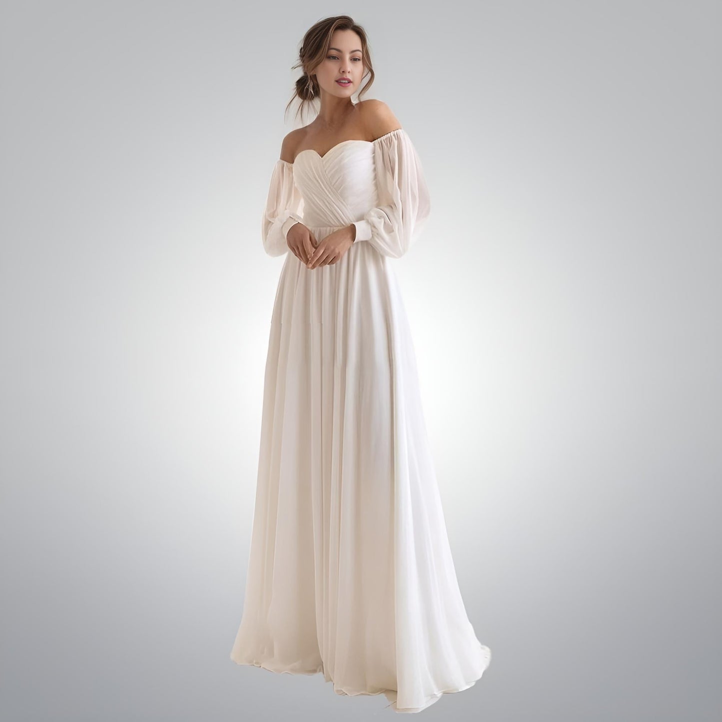 Bride wearing Raina chiffon wedding dress with pleating and off-the-shoulder puff sleeves on Raina wedding dress