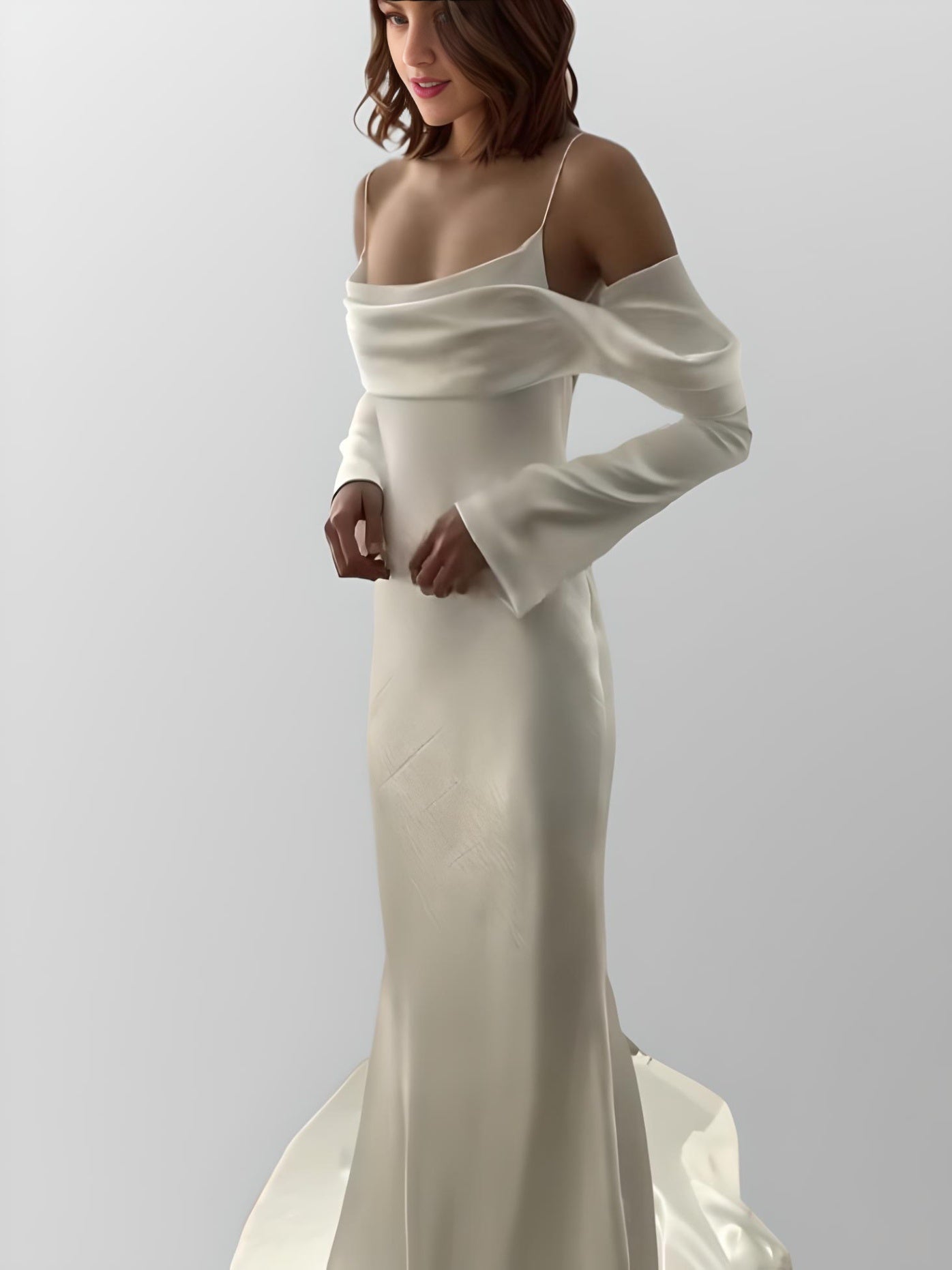 Close-up of sweetheart neckline and spaghetti straps on Resse satin bridal gown with off the shoulder long sleeves.