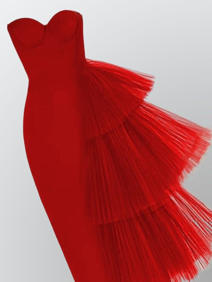 Asymmetrical red formal midi dress with a dramatic tulle accent