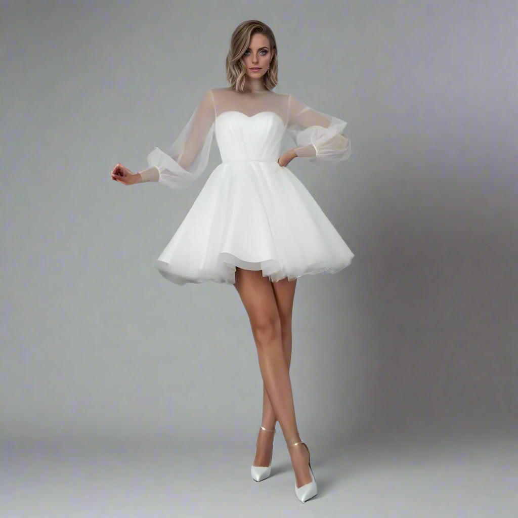 Bride posing in short A-line elopement dress with long purff sleeves.
