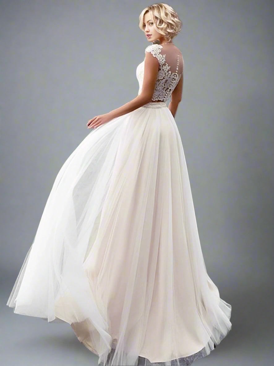 Bride showing button-back lace top of Rosa Two Piece Wedding Dress.