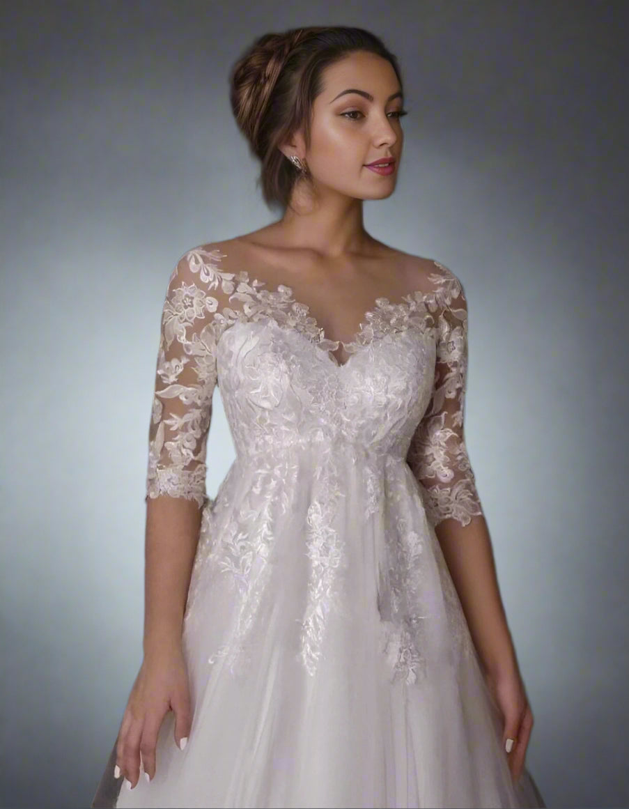 Close-up details of delicate lace detailing on Rosalind Maternity Gown with Half sleeves