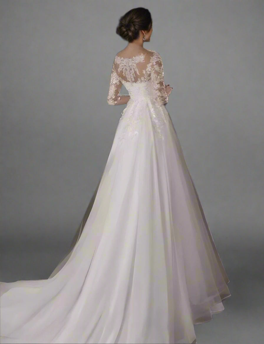 Back detail of bride in Rosalind Maternity Bride Gown