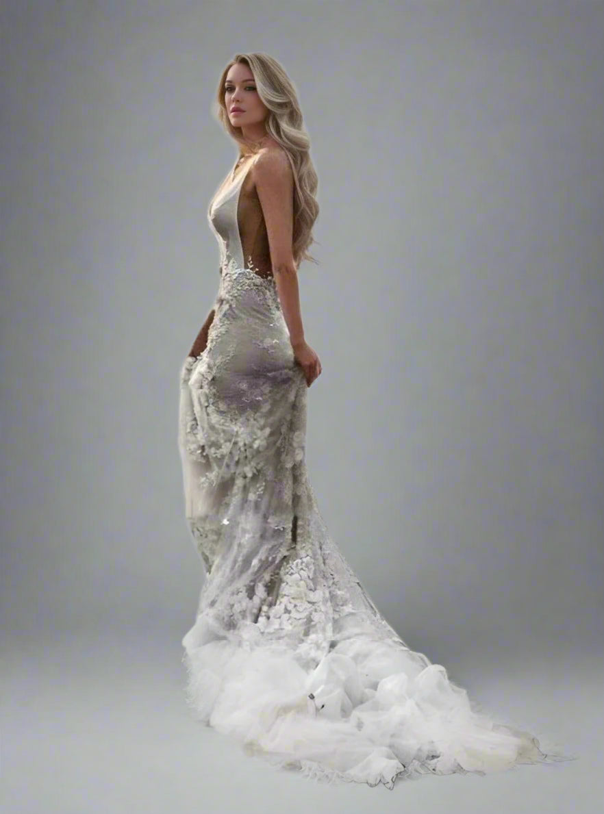 Bride in deep backless sexy design of SANDRA mermaid wedding gown.
