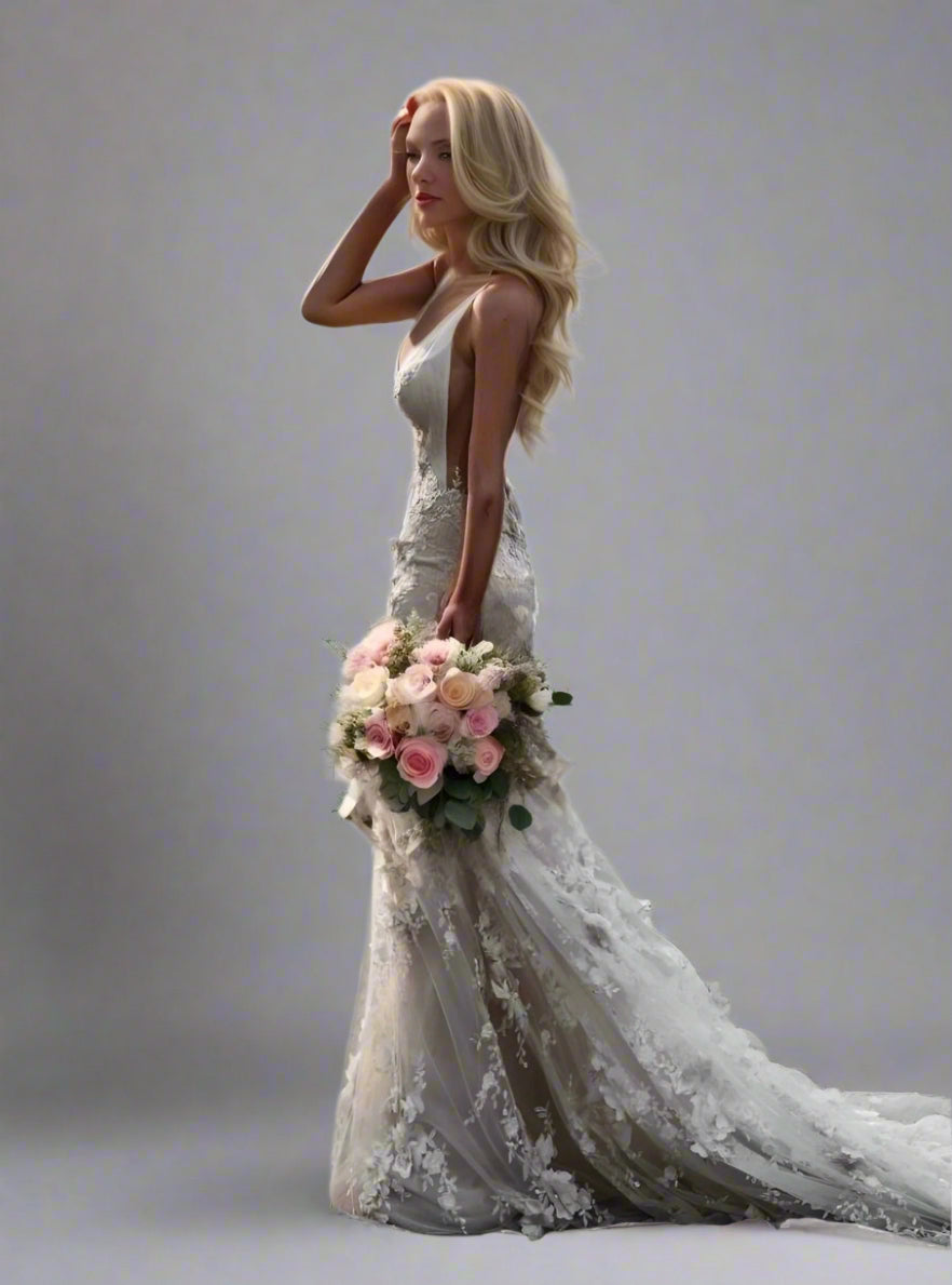 Side view showing deep V back and sexy design of SANDRA mermaid wedding gown.