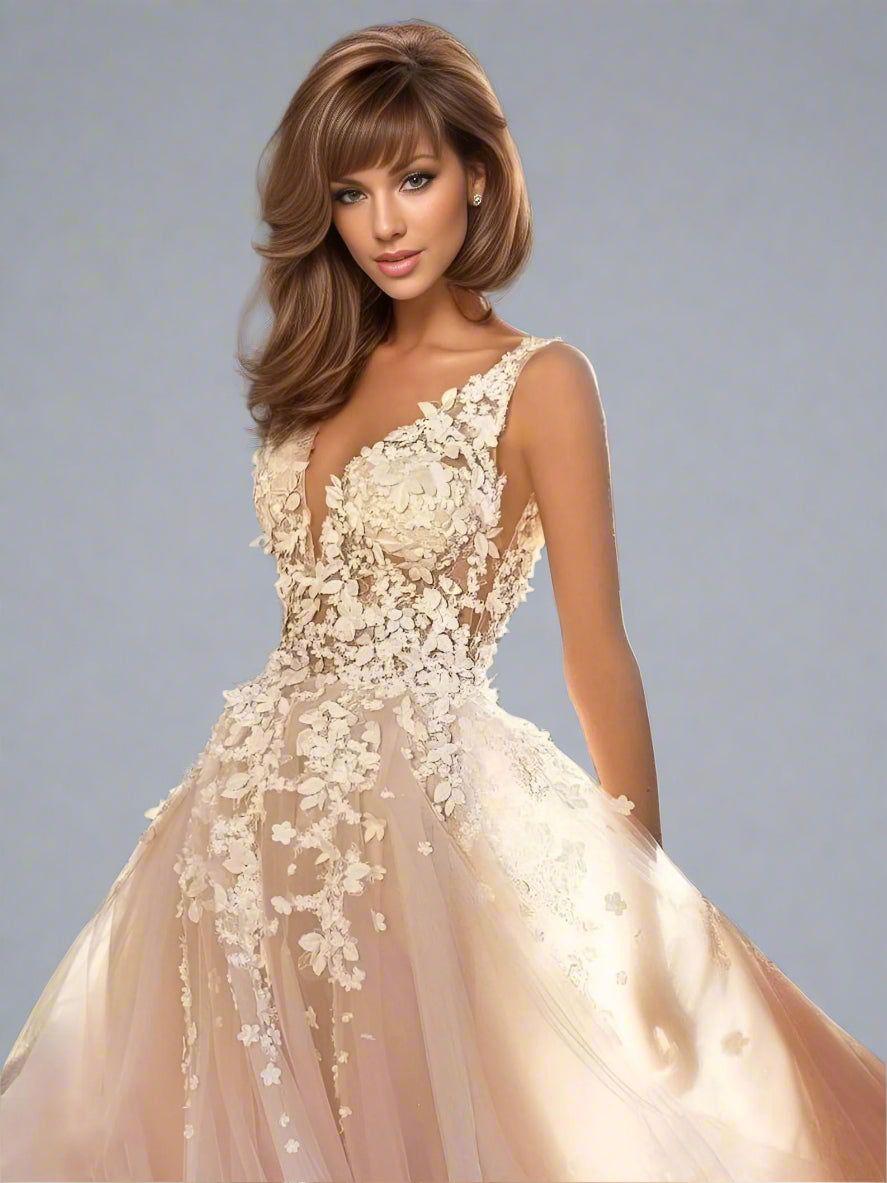 Close-up of the Sharon Wedding Dress, highlighting the intricate leaf lace detailing on the bodice.