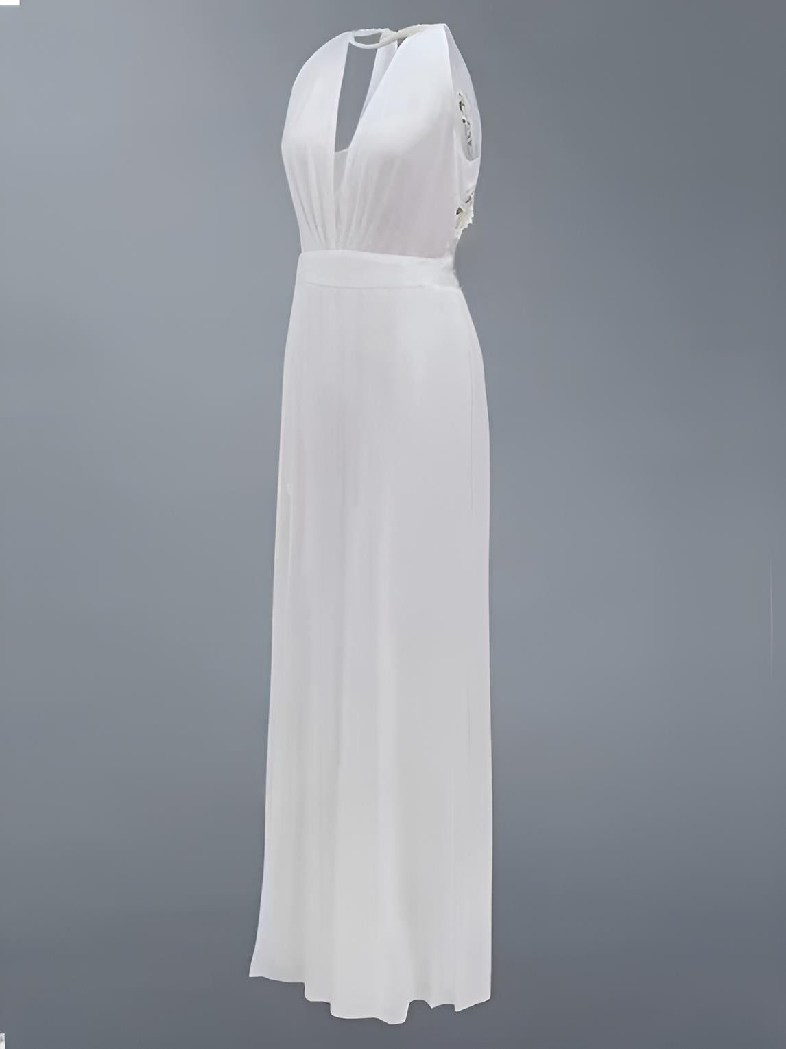 Jumpsuit displayed on a mannequin, showcasing sheath silhouette and halter neckline.