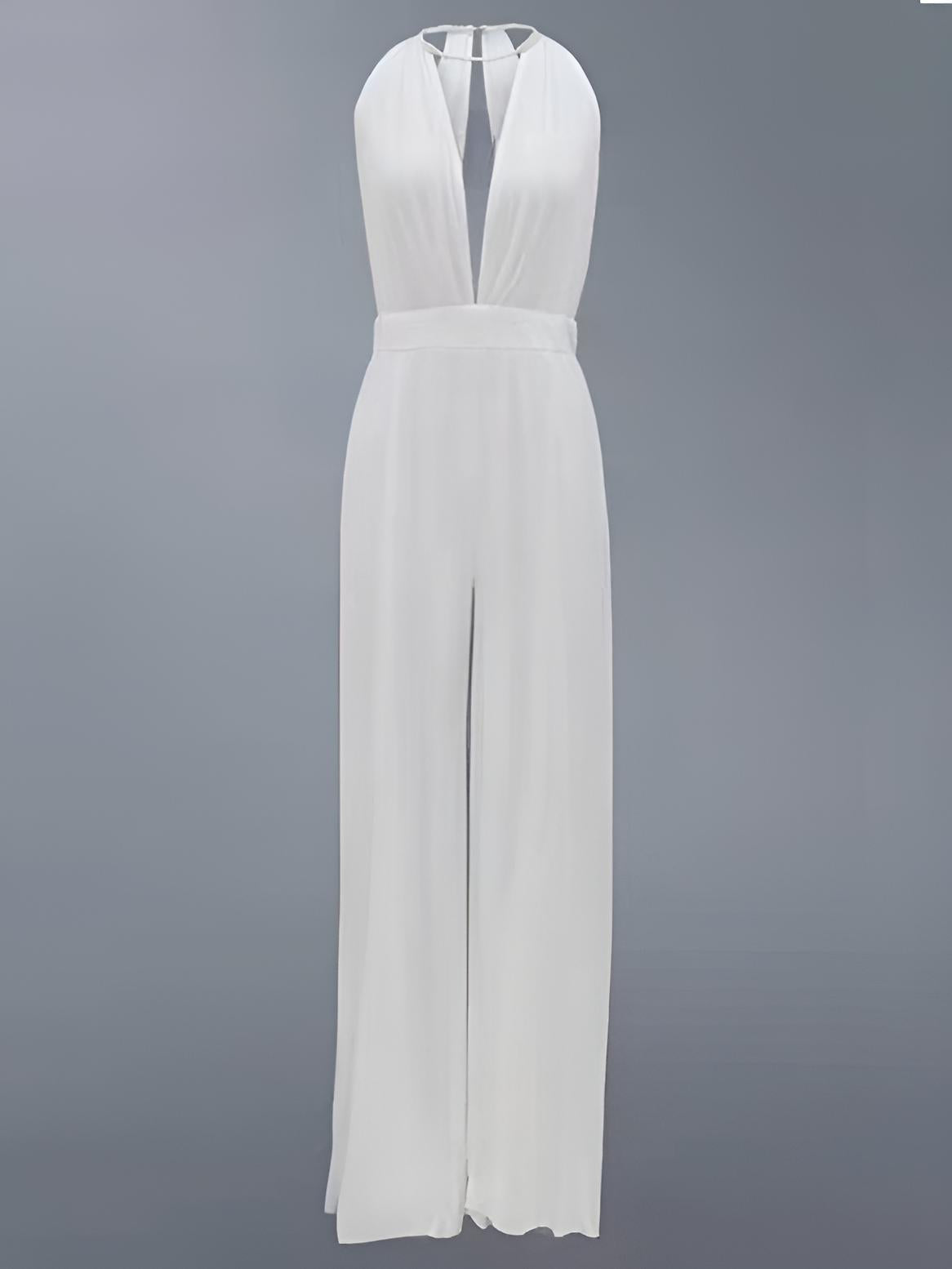 Sienna jumpsuit displayed, showcasing its sheath silhouette and halter neckline.