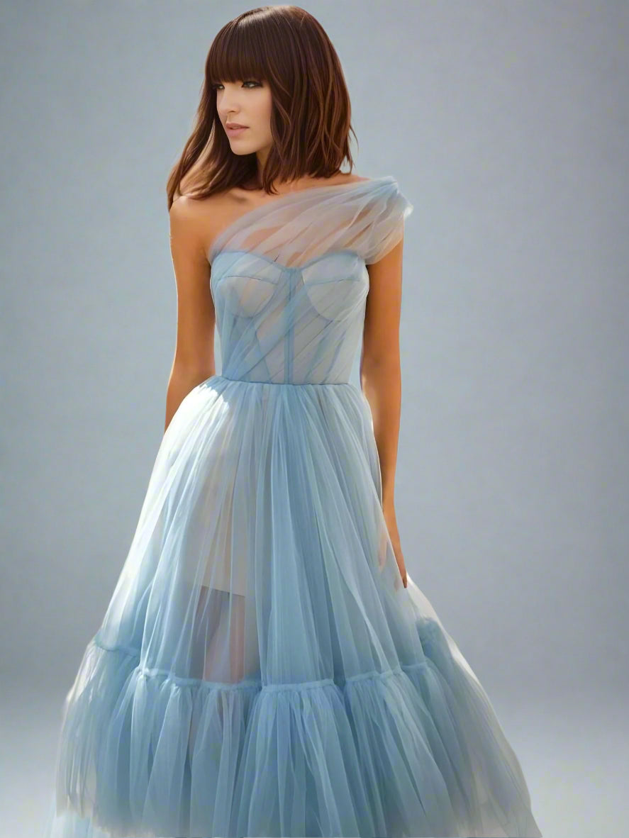 Woman showing corset detail on the Skylar Formal Dress in light blue color.