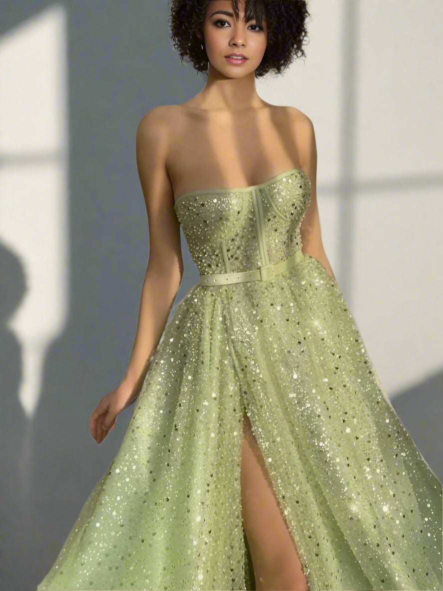 A model gracefully walking in the Stella Formal Dress, in sunshine showing off the shimmering effect.